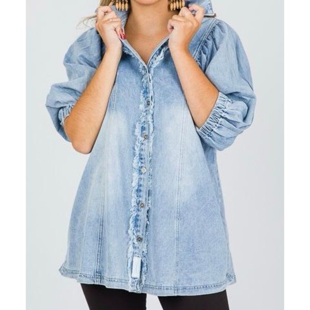 First Love Women’s Denim Puff Sleeve Button Tunic Top Sz M NEW